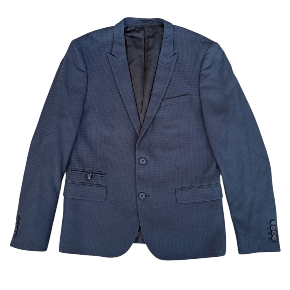 The Kooples Peak Lapel Fitted Navy Blue Grid Wool 2 Button Sport Coat Size 50